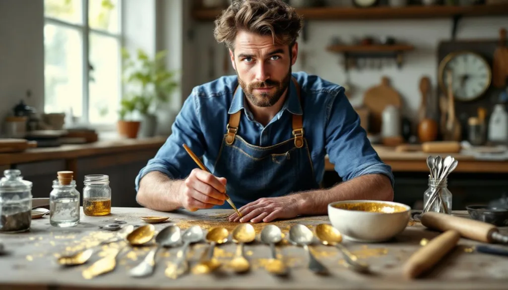 ein heimwerker verwandelt alte löffel kreativ in glänzende deko-objekte aus gold – eine einfache anleitung für einzigartige wohnaccessoires.